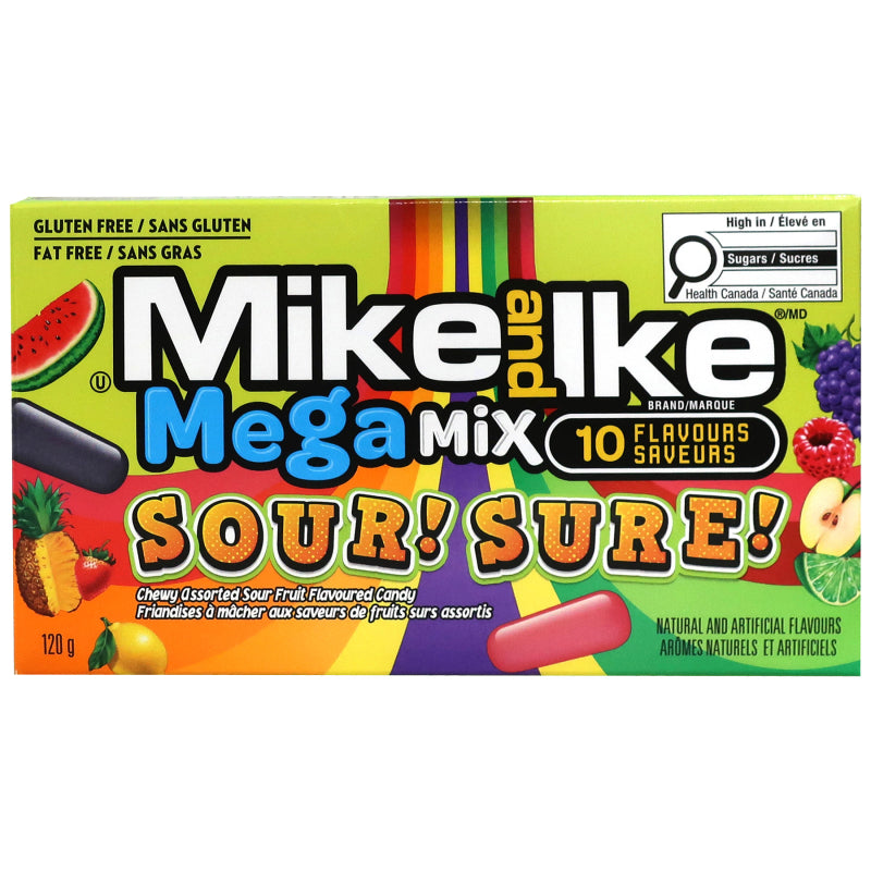 Mike and Ike Mega Mix Sour Flavoured Chewy Candy - 10 Flavours - 120g