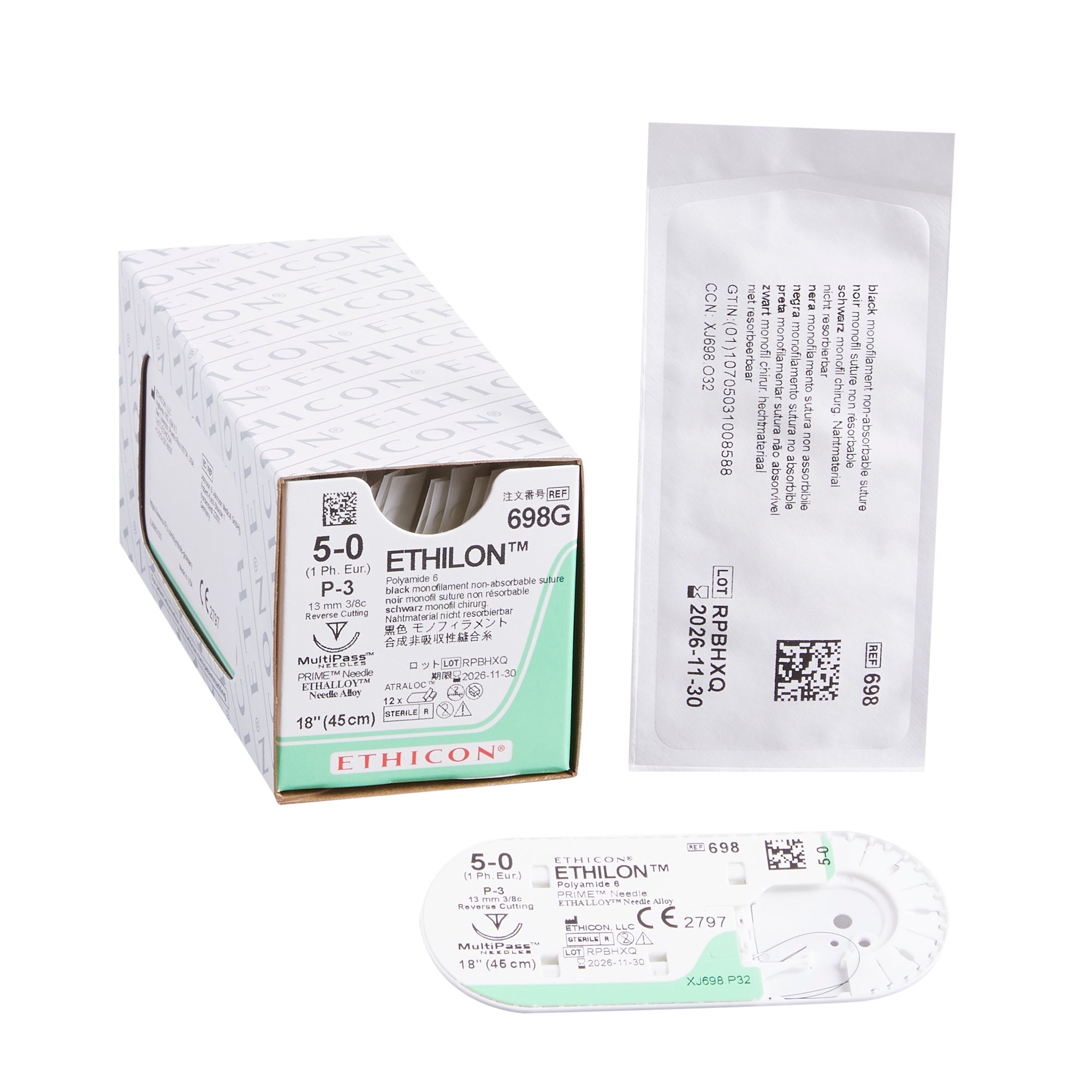 ETHILON™ Nylon Monofilament Sutures Nonabsorbable – Precision Point Reverse Cutting, 3/8 Circle, P-3, Black, 18", 12/Pkg
