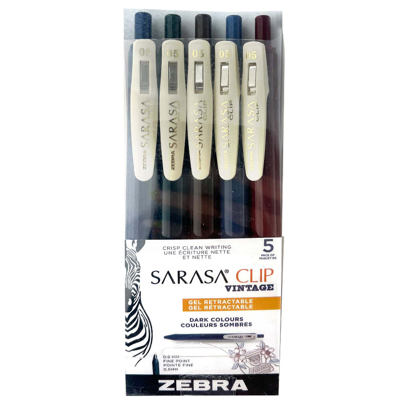Zebra Sarasa Clip Vintage 0.5mm Retractable Gel Ink Pen - Dark Colours - 5 pack