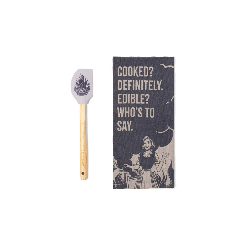Two Left Feet The Reluctant Chef Tea Towel and Spatula Set - Cooked Definitely Edible - 2 pcs