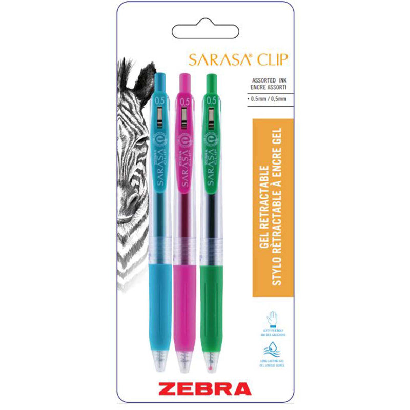Zebra Sarasa Clip 0.5mm Fine Point Retractable Gel Pen - Assorted (B) Ink - 3 pack