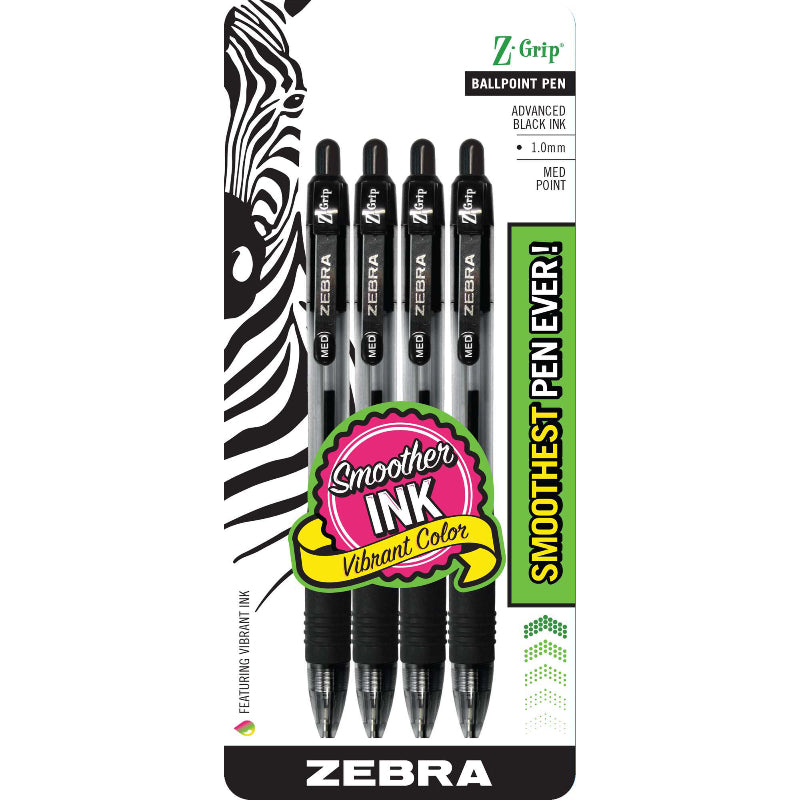 Zebra Z-Grip 1.0mm Medium Point Smoothest Advanced Retractable Ballpoint Pen - Black Ink - 4 pack