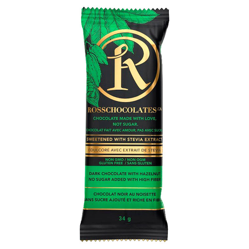 RossChocolates Sweetened with Stevia Bar - Dark Chocolate with Hazelnut- 34g