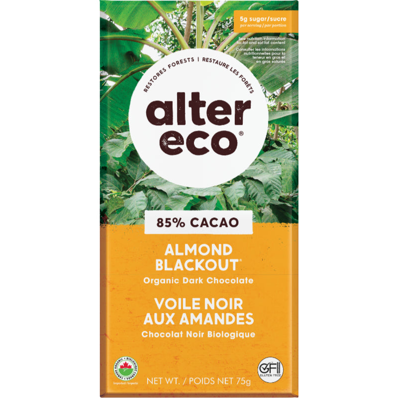 Alter Eco Almond Blackout 85% Pure Organic Dark Chocolate Bar - 75g