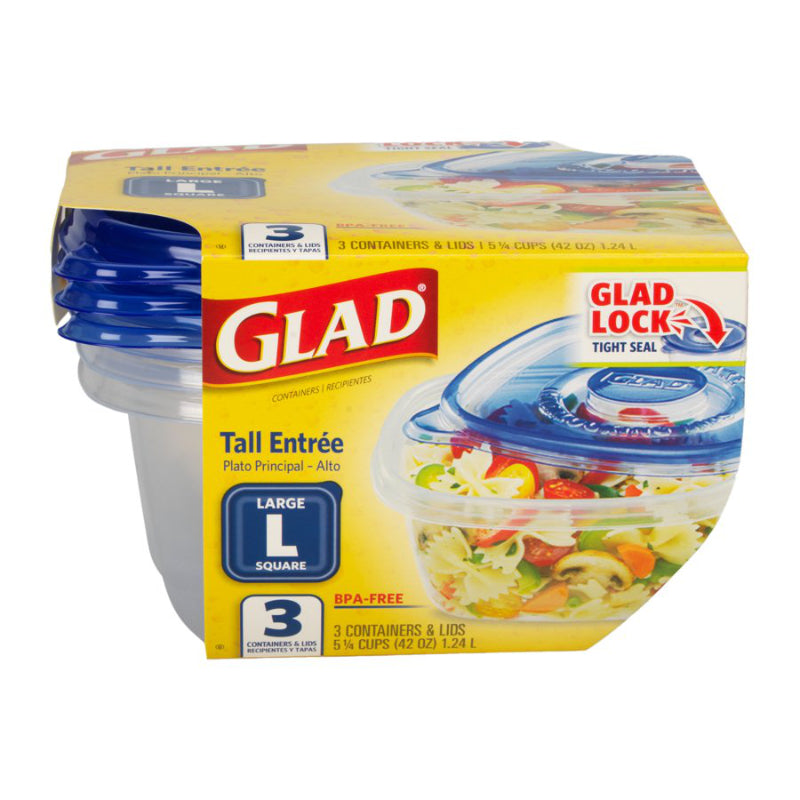 GLAD Tall Entree Food Storage Container - Square - Large - Blue - 1.24L - 3 pack