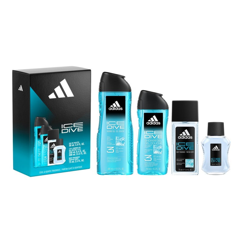 Adidas Ice Dive Eau de Toilette, Deodorizing Body Spray and Shower Gel Gift Set - 4 piece