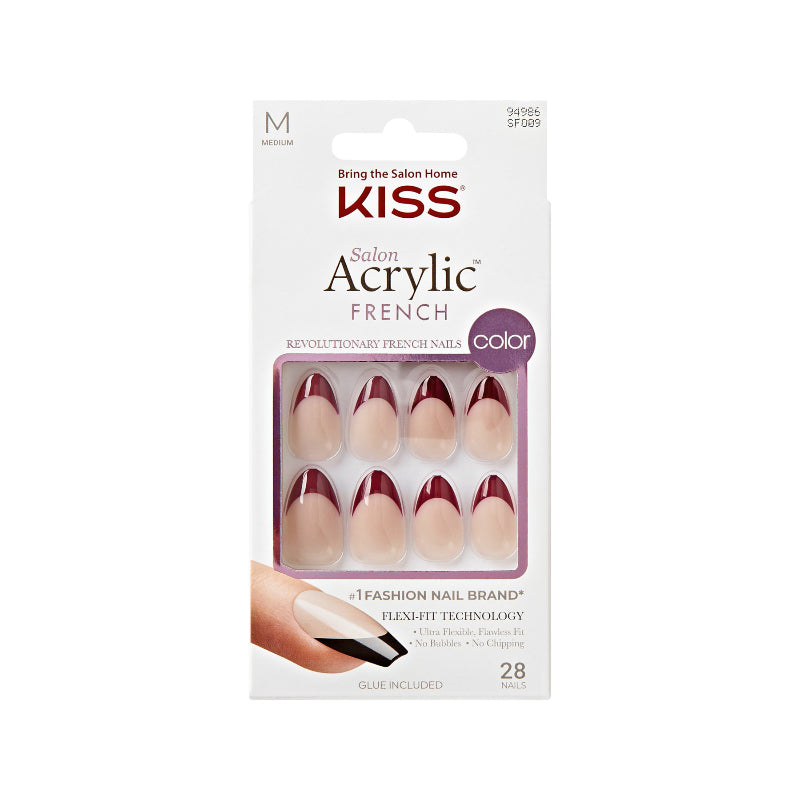 Kiss Salon Acrylic French Color False Nails Kit - Medium - Almond - Pink/Red - 28's