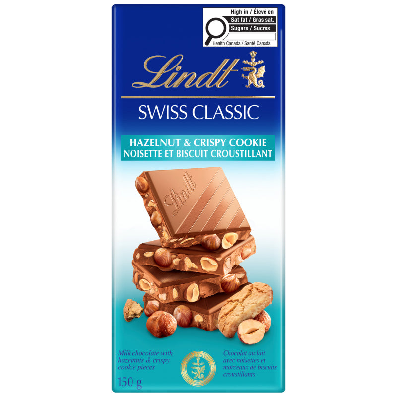 Lindt Swiss Classic Milk Chocolate Bar - Hazelnut & Crispy Cookie - 150g