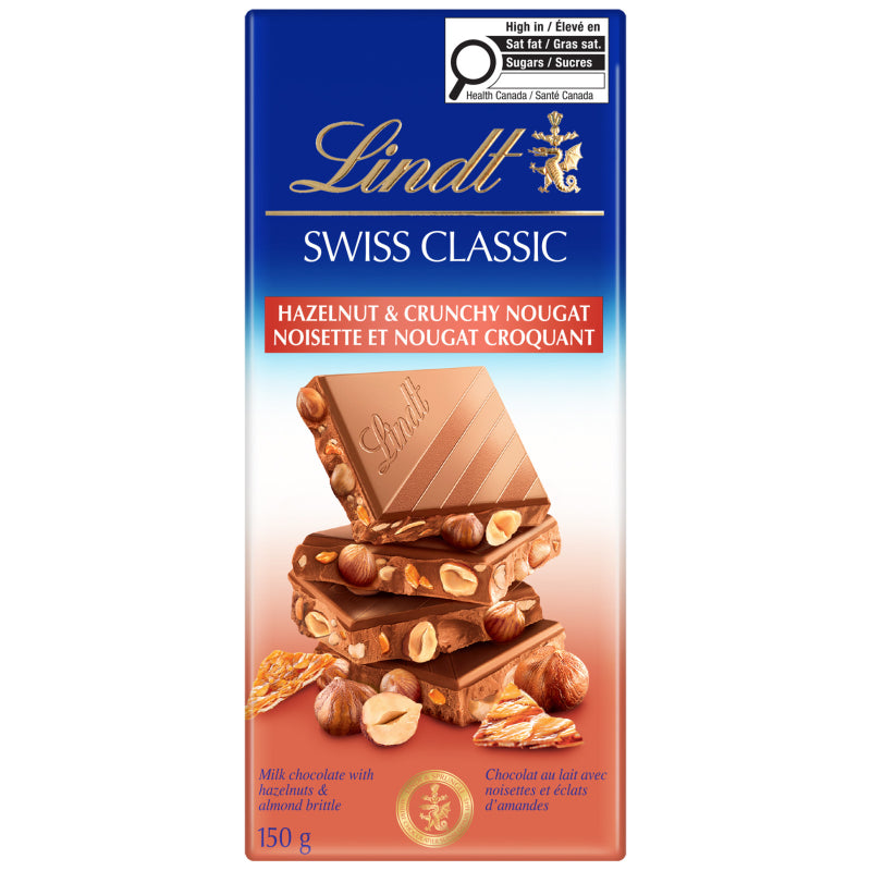 Lindt Swiss Classic Milk Chocolate Bar - Hazelnut & Crunchy Nougat - 150g