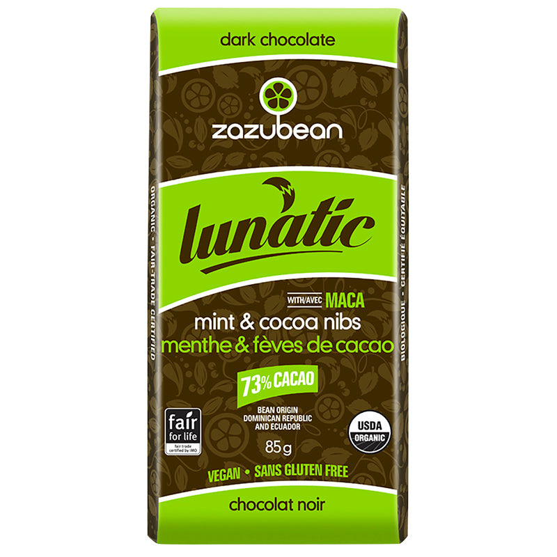 Zazubean Lunatic Dark Chocolate Bar - Mint and Cocoa Nibs - 85g