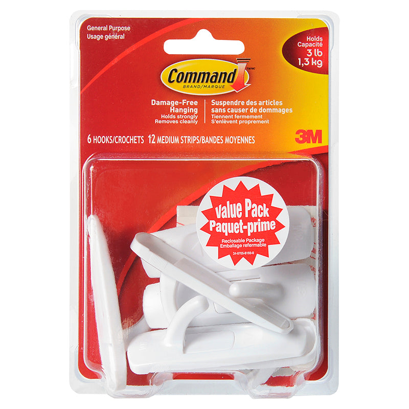 Command Medium Hooks Value Pack - White - 6's