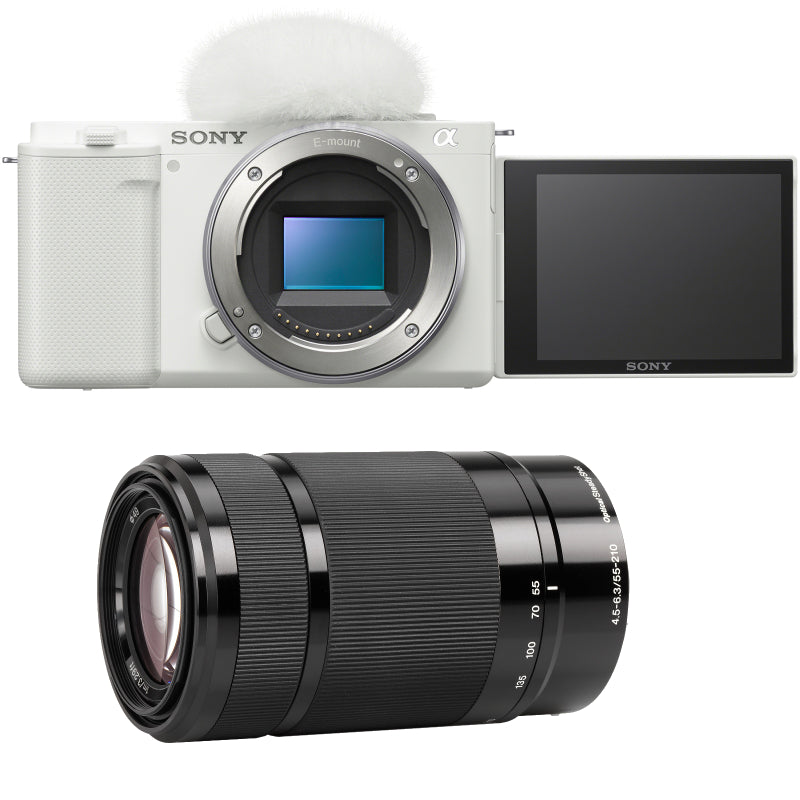 Sony Alpha ZV-E10 Mirrorless Vlog Camera Body Only with E-Mount 55-210mm f/4.5-6.3 Lens - White / Black - PKG