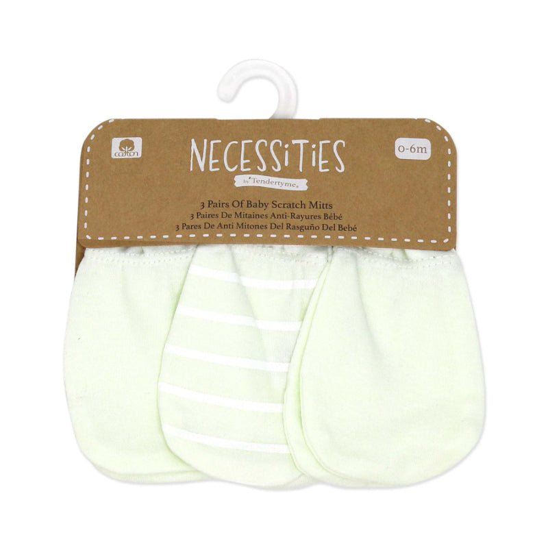 Necessities By Tendertyme Baby Scratch Mitts - Solid Green/Green Stripe - 0-6 months - 3 pairs