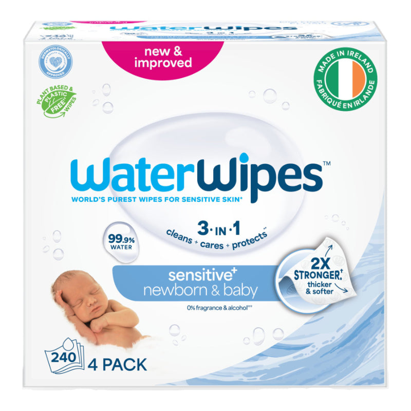 WaterWipes Sensitive+ Newborn & Baby Wipes, 99.9% Water-Based - 240 Wipes