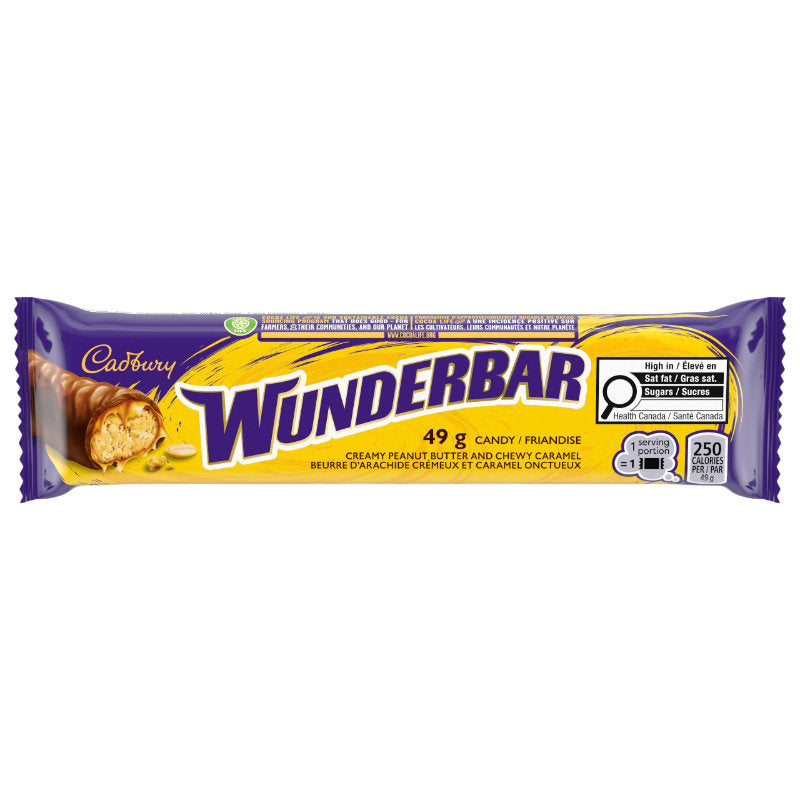 Cadbury Wunderbar Chocolatey Candy Bar - Creamy Peanut Butter and Chewy Caramel - 49g