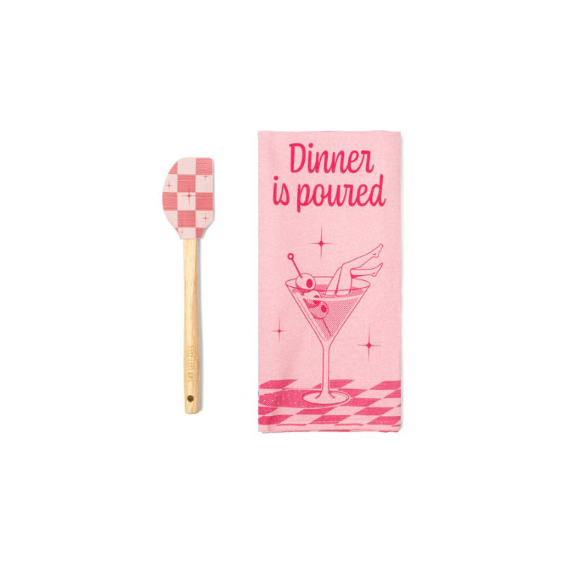 Two Left Feet The Reluctant Chef Tea Towel and Spatula Set - Dinner is Poured - 2 pcs