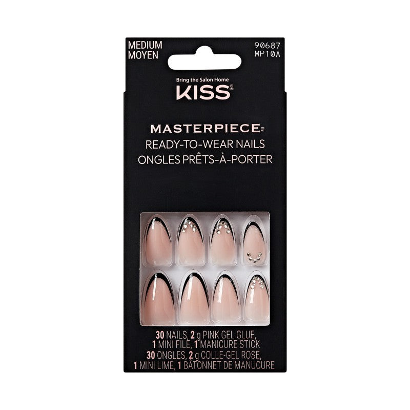 KISS Masterpiece One-Of-A-Kind Luxe Mani False Nails Kit - Medium - Almond - Bejeweled Black Tip - 30's
