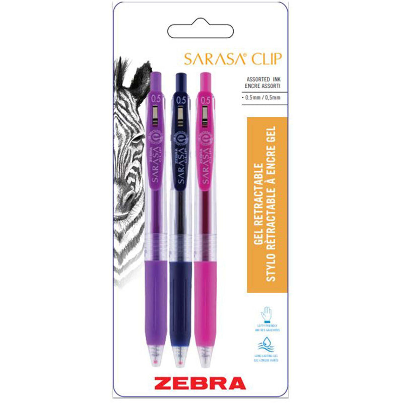 Zebra Sarasa Clip 0.5mm Fine Point Retractable Gel Pen - Assorted (A) Ink - 3 pack