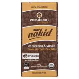 Zazubean Chocolate Bar - Nakid Cocoa Nibs & Vanilla 73% Cacao