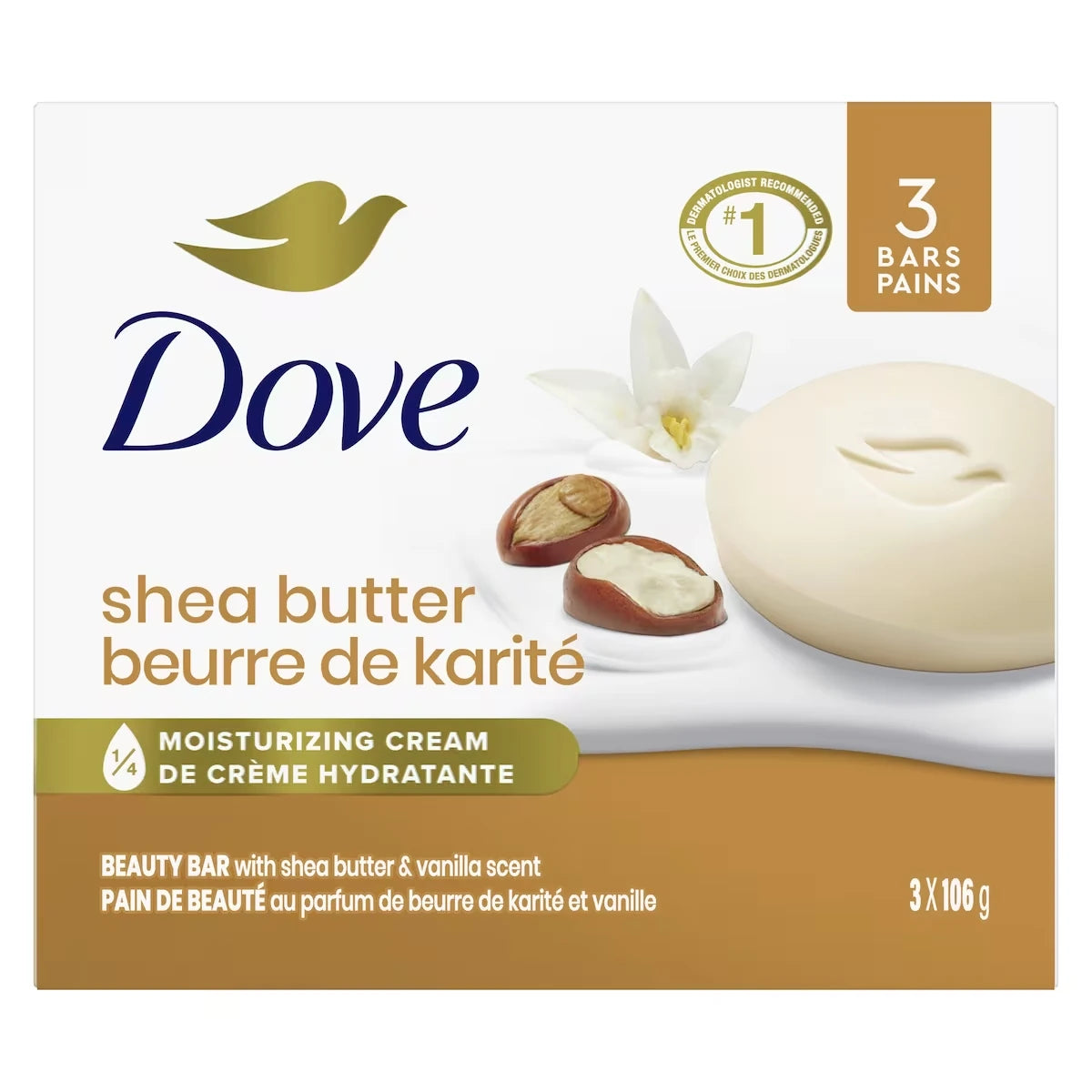 Pain de Beauté Pur Bien-Être pour une peau saine Beurre de Karité & Vanille Chaude avec 1/4 de crème hydratante 106 g x 3