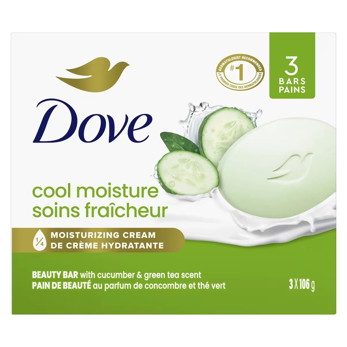 Pain de Beauté Soins Fraîcheur pour une peau revitalisée Concombre et Thé vert avec 1/4 de crème hydratante 106 g x 3