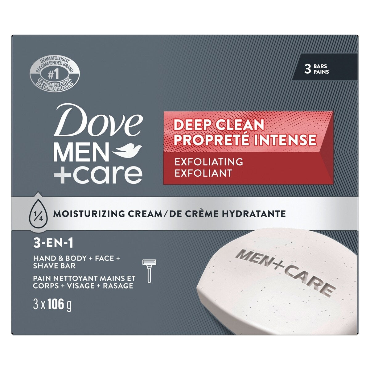 Pain nettoyant corps + visage pour une peau saine et forte Men+Care Propreté intense avec ¼ de crème hydratante 106 g Pack de 3