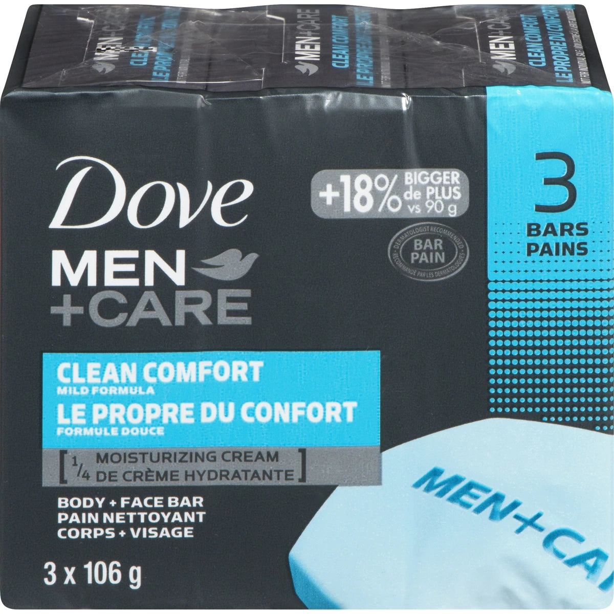 Pain nettoyant pour le corps et le visage pour une peau propre et douce Men+Care Le propre du confort avec ¼ de crème hydratante 106 g Pack de 3