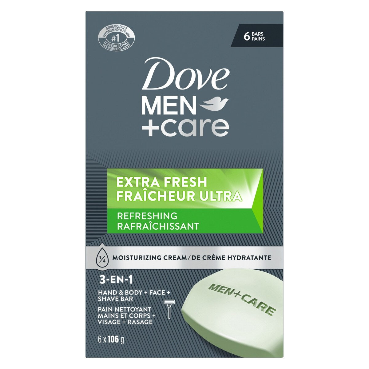 Pain nettoyant pour le corps et le visage pour une peau rafraîchie Men+Care Fraîcheur Ultra avec ¼ de crème hydratante 106 g Lot de 6