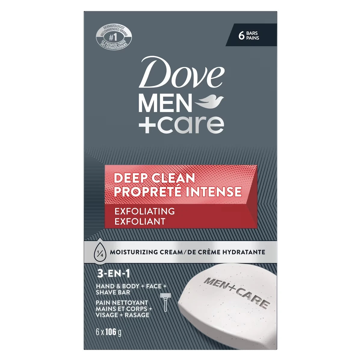 Pain Nettoyant Main, Corps, Visage et Exfoliation avec grains purifiants pour une peau forte et d'apparence saine Men+Care  Deep Clean avec ¼ de crème hydratante 106 g Lot de 6