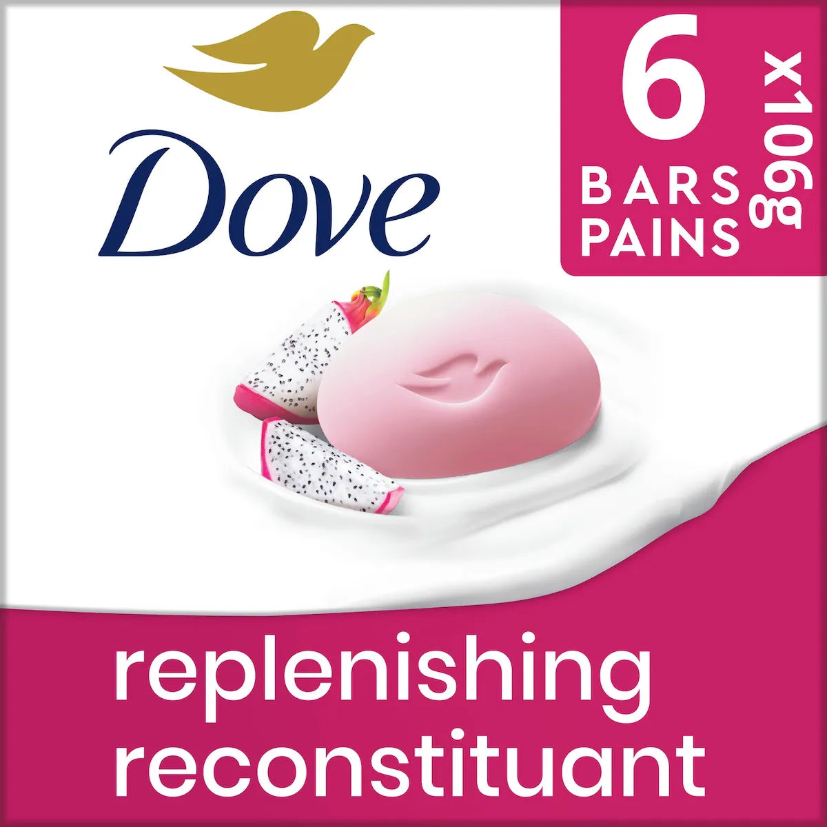 Pain de savon pour une nutrition profonde, Reconstituant aux fruits du dragon et à la crème de noix de coco, pour une peau apaisée et revitalisée 106 g, paquet de 6