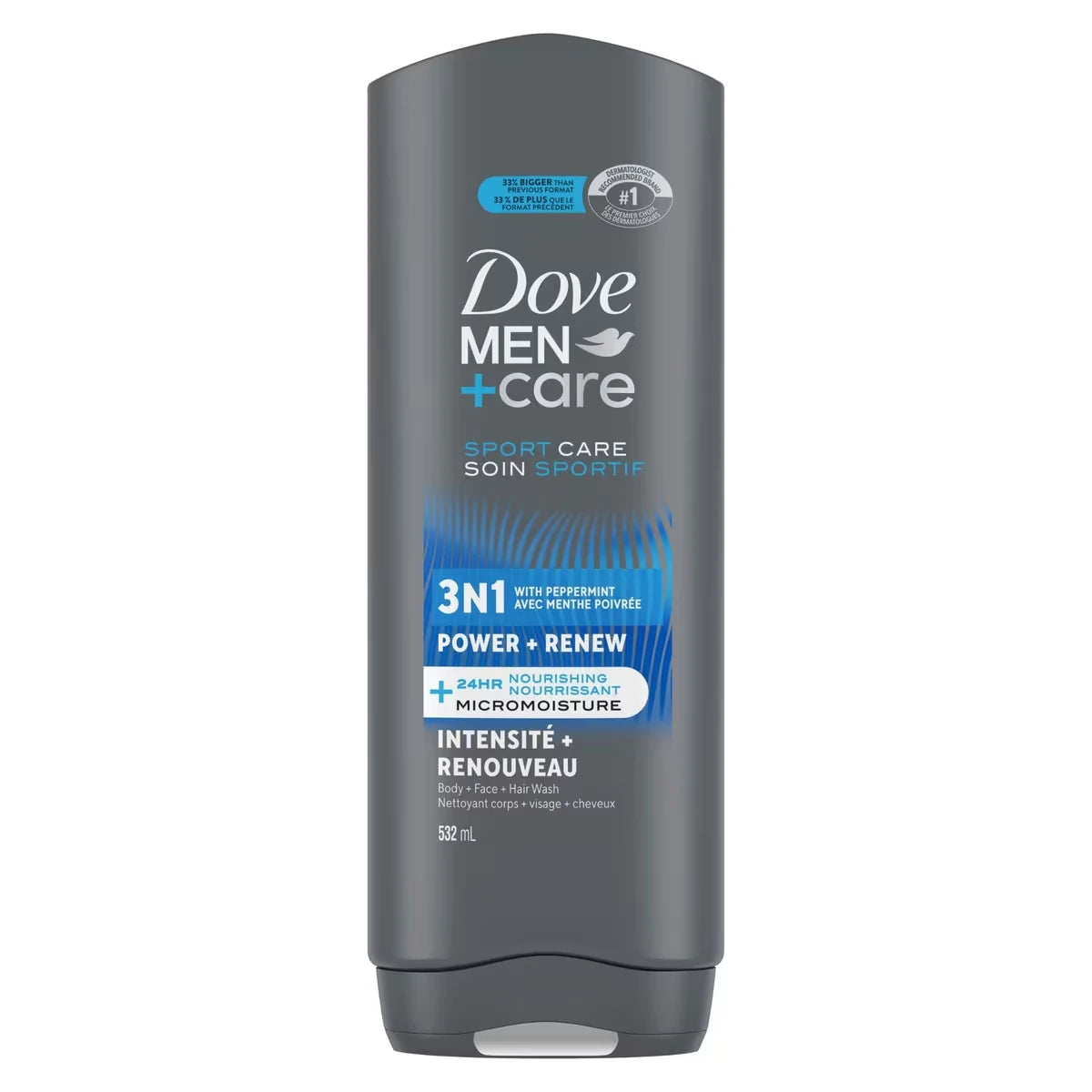 3-en-1 Gel Douche Corps, Cheveux et Visage avec Technologie Micromoisture Nourrissante 24 Heures Gel Douche pour Hommes Men+Care Rafraîchissant Power + Renew   532 ml
