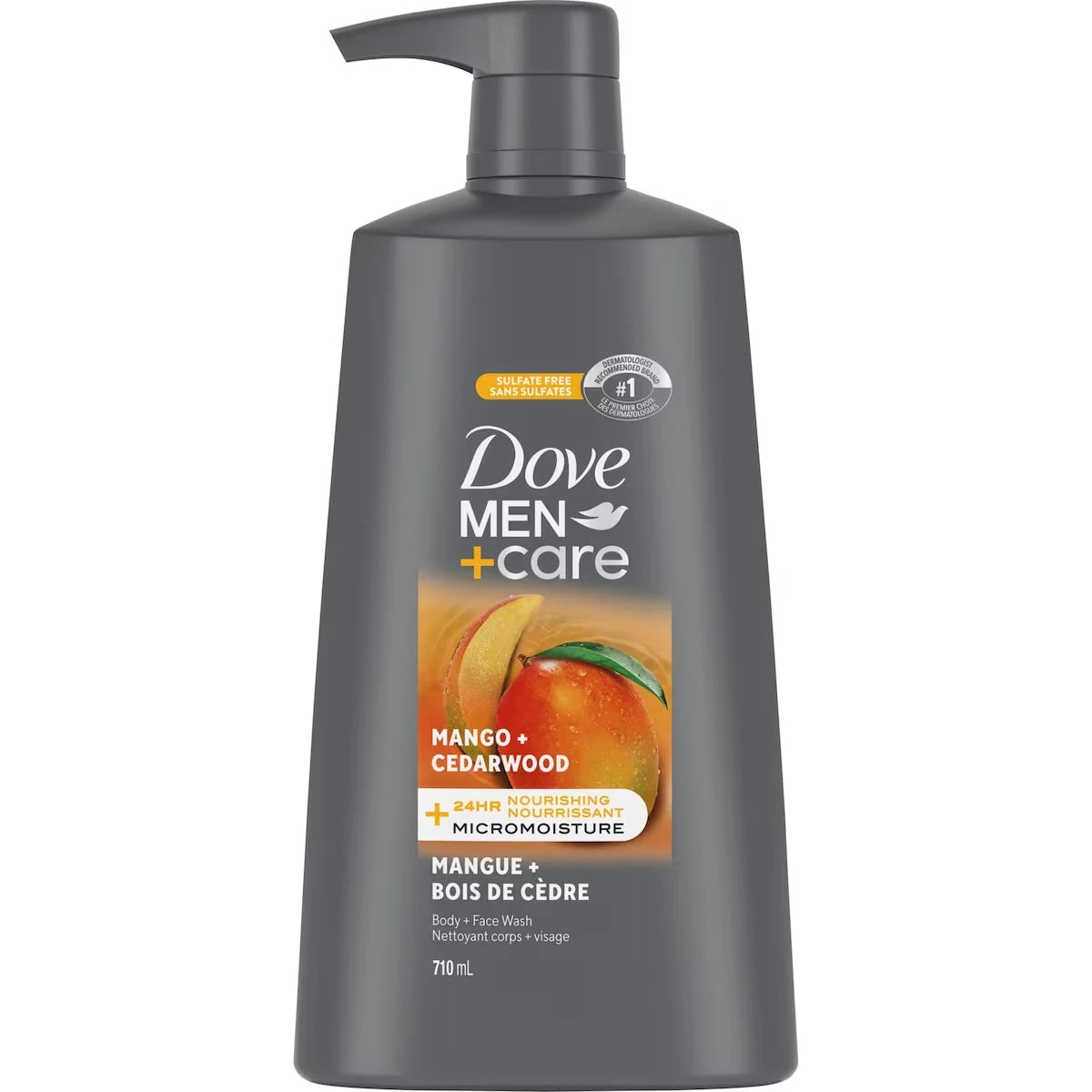 Gel Douche Corps et Visage avec Technologie Nourrissante Micromoisture de 24 Heures, avec pompe Men+Care Revitalisant Mangue + Bois de Cèdre  pour Hommes, 710mL