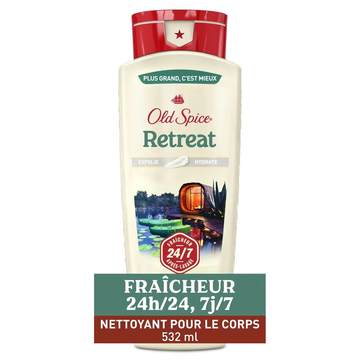 Nettoyant pour le corps pour hommes, parfum Retreat, fraîcheur après-lavage 24heures sur 24, 7jours sur 7, exfoliation+hydratation, 532mL (18oz liq.)