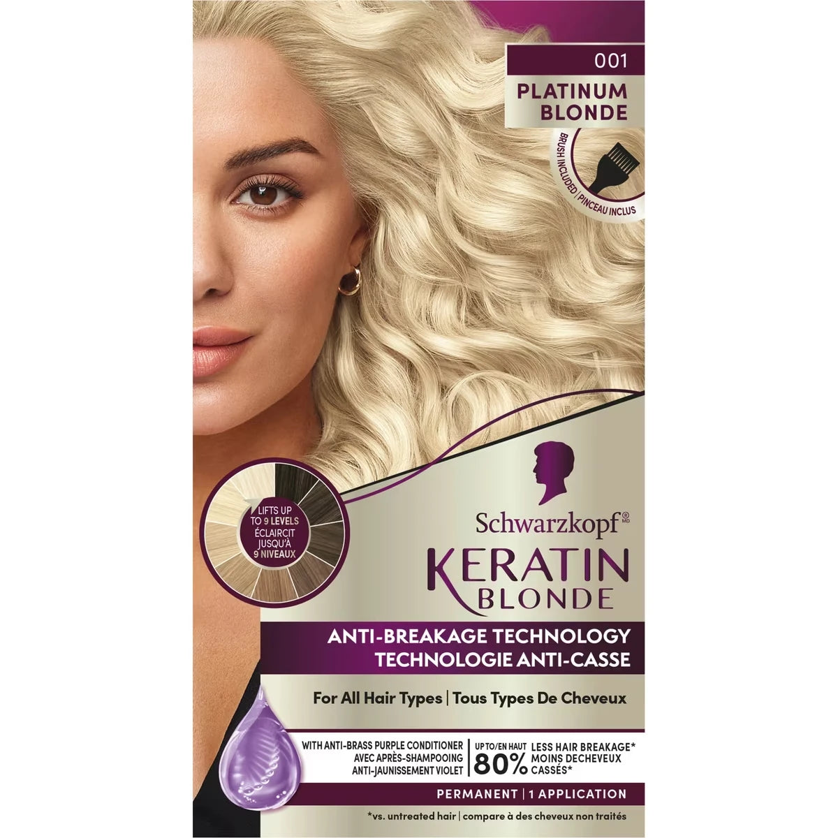 Keratin Blonde Hair Permanent Hair Colour Cream Platinum Blonde 001, Ultra Lightening Kit, 1 Application