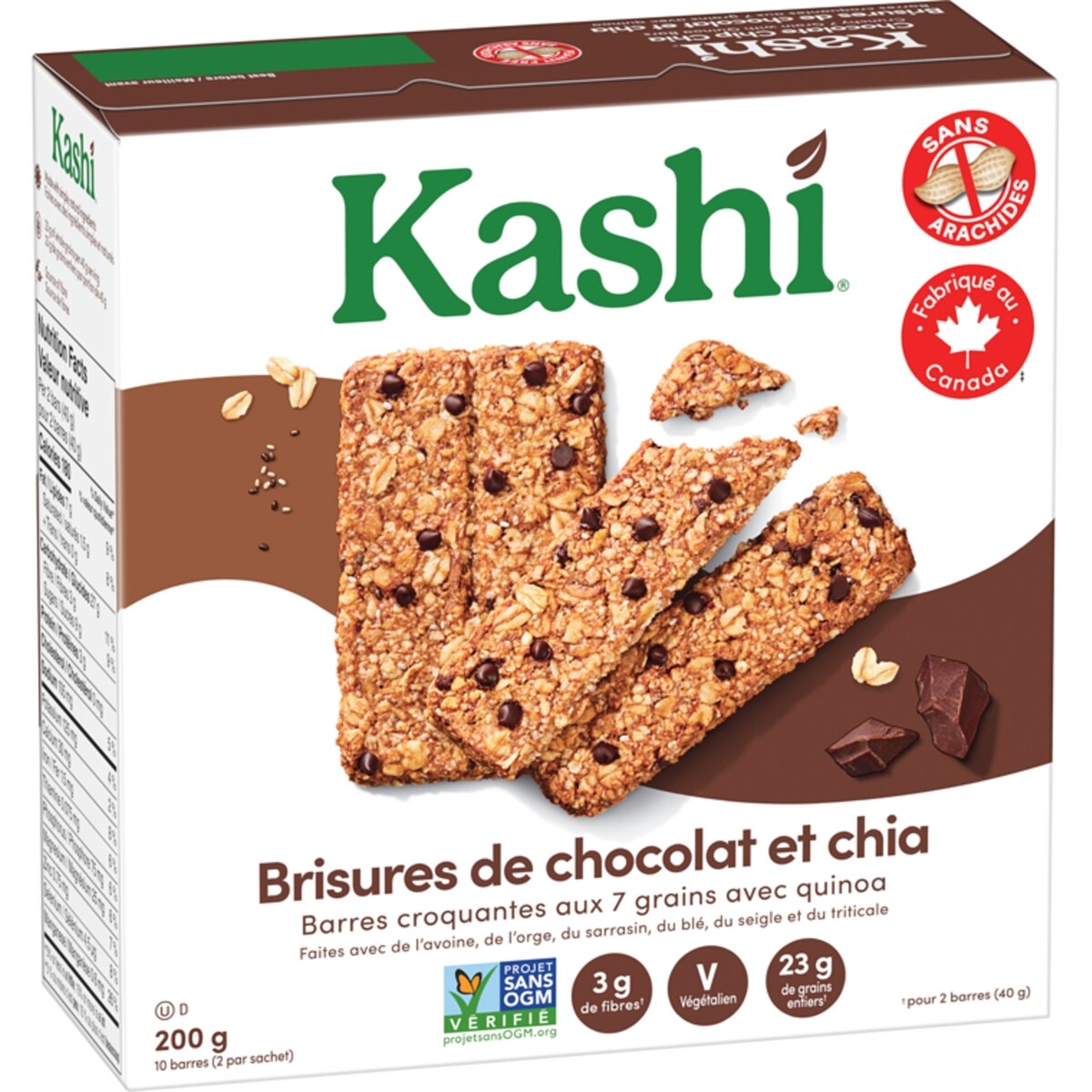 Sept céréales entières avec quinoa barres croquantes, Brisures de chocolat et chia 10 barres