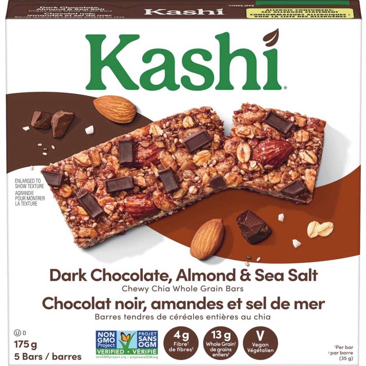 Barres tendres de céréales entières de chia chocolat noir, amandes et sel de mer