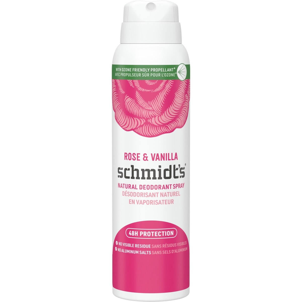 Désodorisant naturel en vaporisateur pour femmes et hommes Schmidt's  Rose & Vanilla pour 48 h de protection anti-odeurs, sans sels d'aluminium, sans traces blanches, sans cruauté, végétalien 91 g