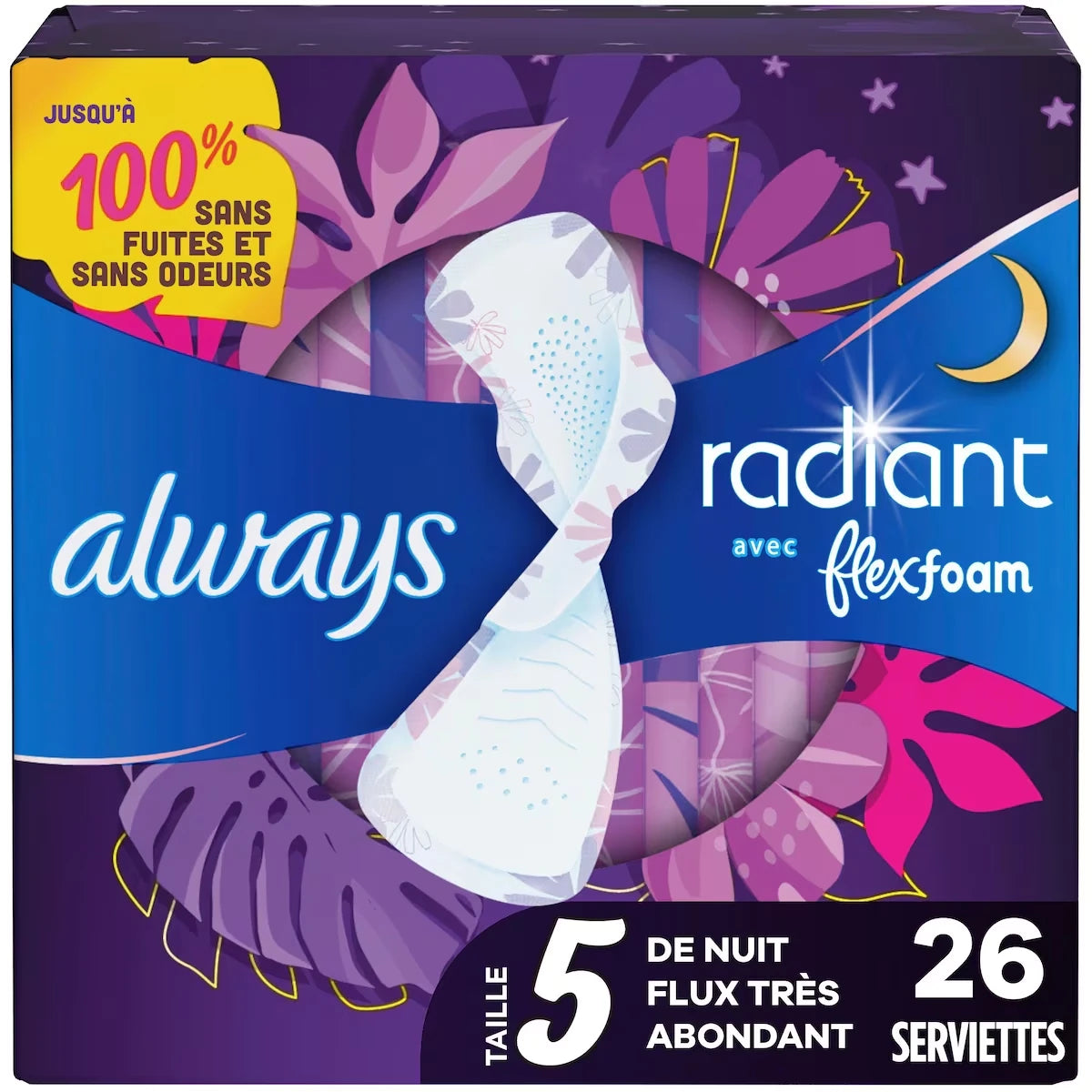 Serviettes Radiant FlexFoam avec ailes, taille 5, flux très abondant de nuit, 26u