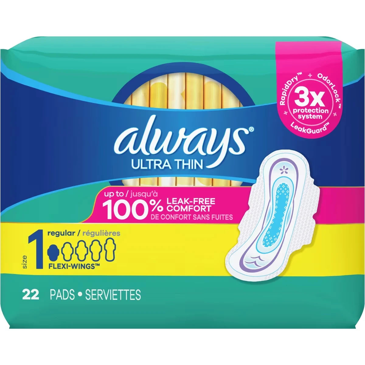 Serviettes de jour Ultra Thin, Régulières avec ailes, taille 1, non parfumées, 22 serviettes