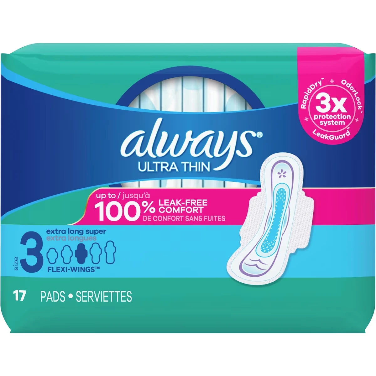 Serviettes de jour Ultra Thin extra longues super avec ailes, taille 3, non parfumées, 17 serviettes
