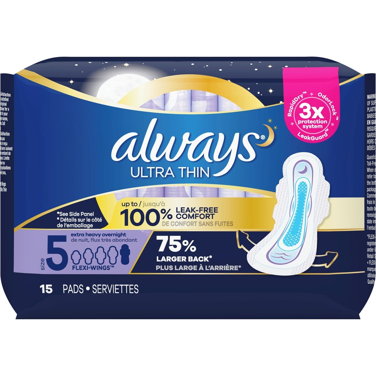 Serviettes Ultra Thin de nuit, flux très abondant, avec ailes taille 5 non parfumées, 15 serviettes
