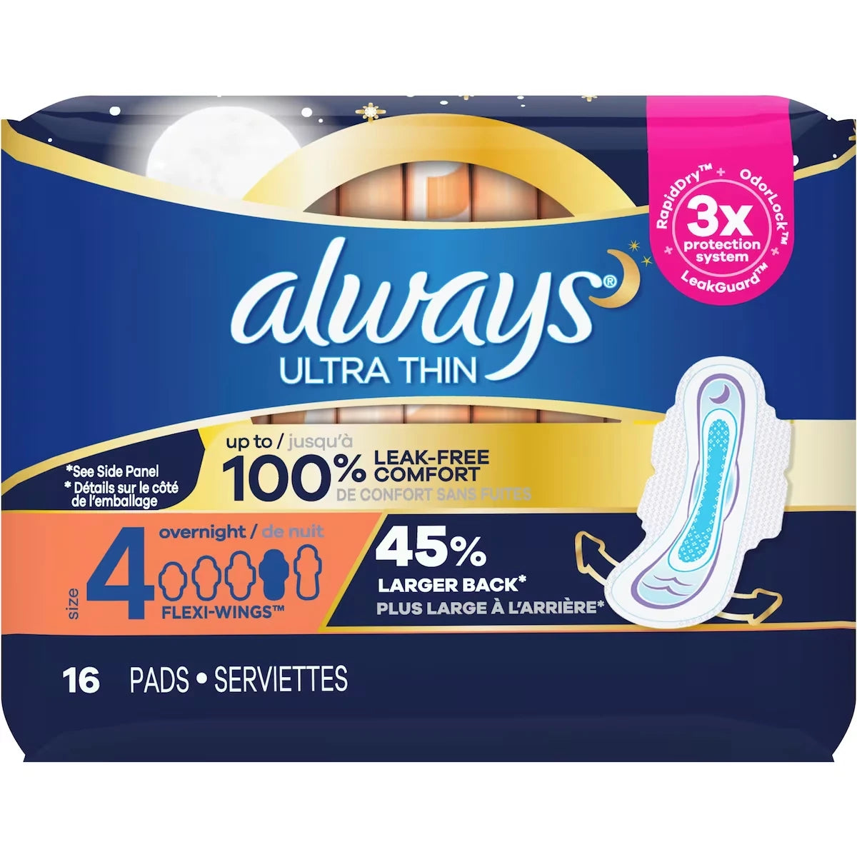 Serviettes Ultra Thin de nuit, avec ailes, taille 4, non parfumées, 16 serviettes