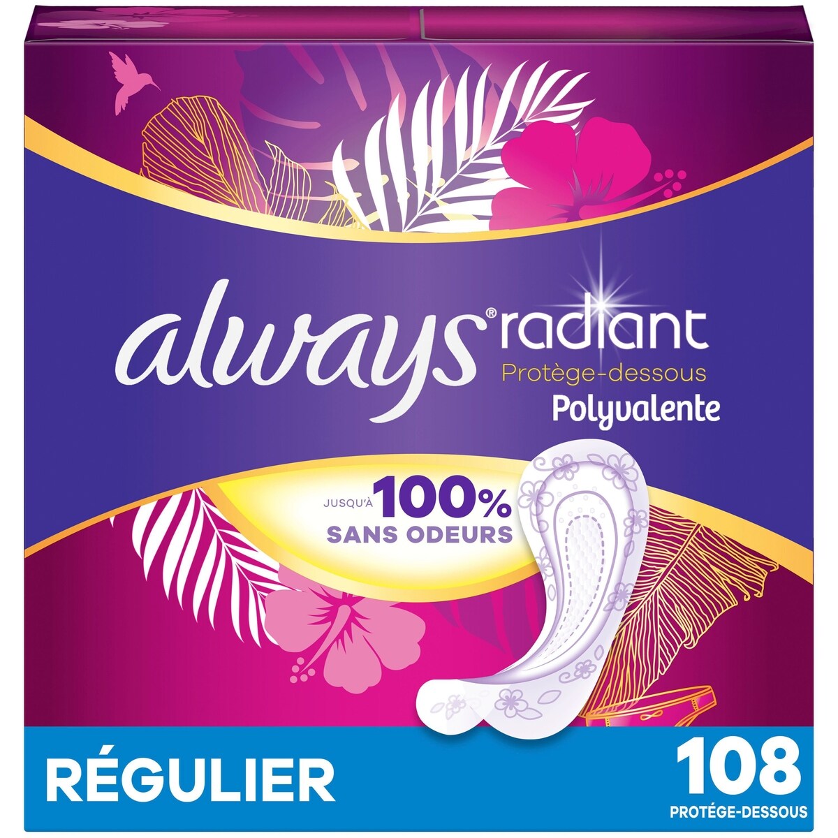 Protège-dessous quotidiens Always Radiant polyvalents, degré d’absorption régulier, non parfumés, protection jusqu’à 100 % sans odeurs