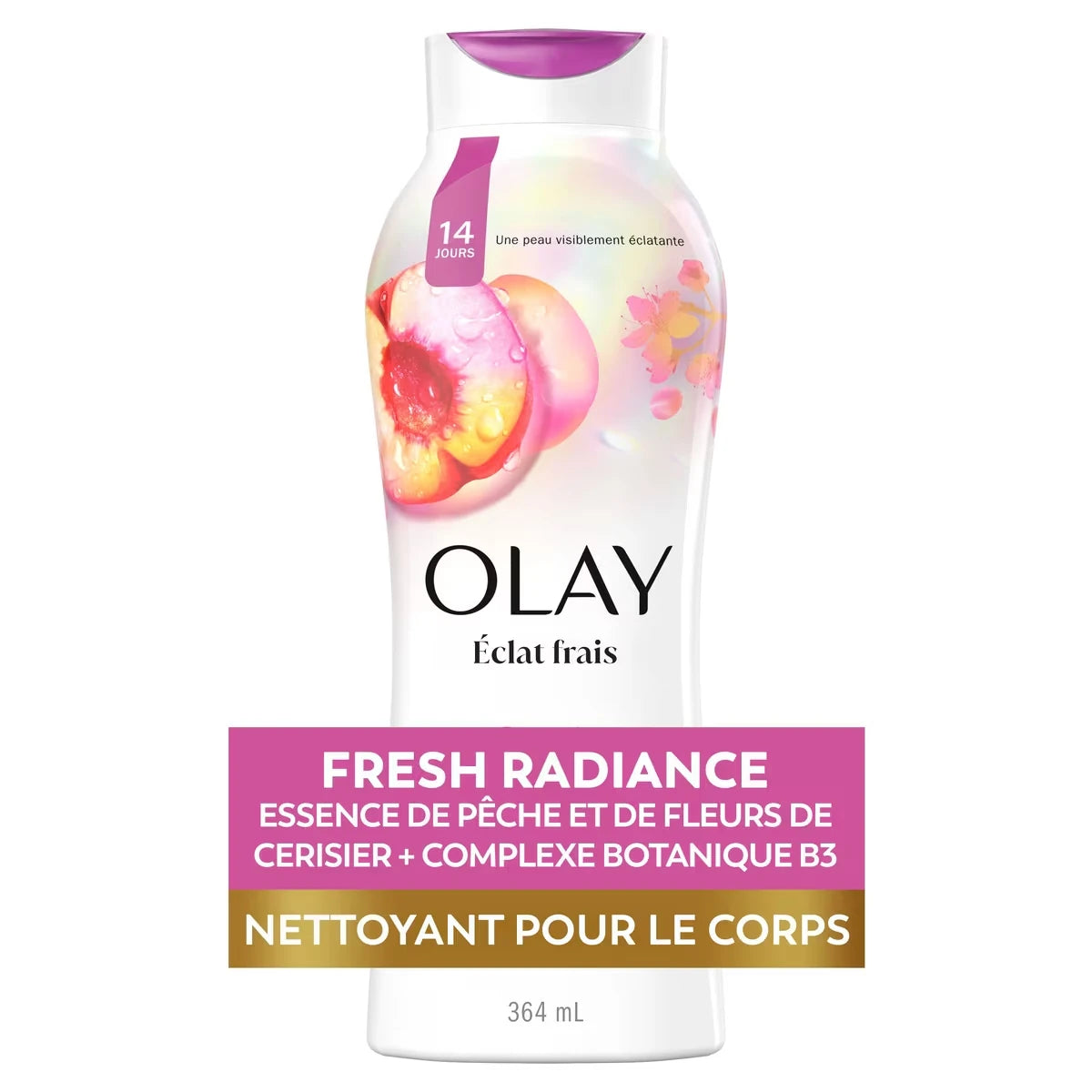 Nettoyant pour le corps sans parabènes Olay Fresh Outlast avec notes énergisantes de pêche et de fleur de cerisier