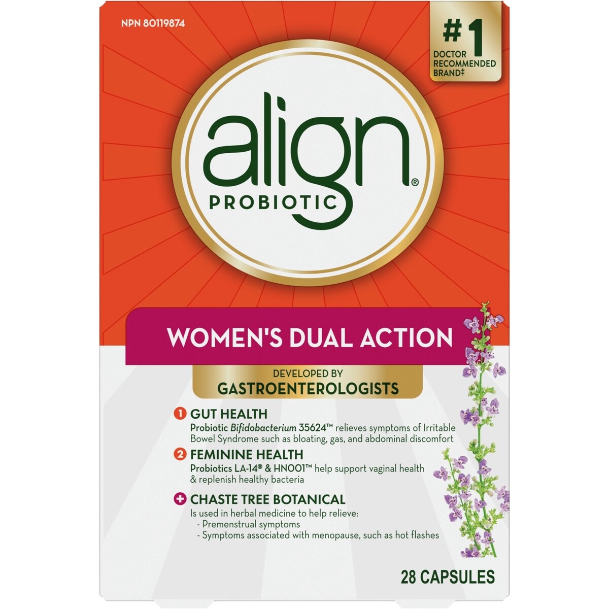 Probiotique Align Double action pour femmes, probiotiques pour la santé intestinale et féminine, aide à soulager les symptômes du syndrome du côlon irritable (SCI) comme les ballonnements, les gaz et l’inconfort abdominal, avec gattilier