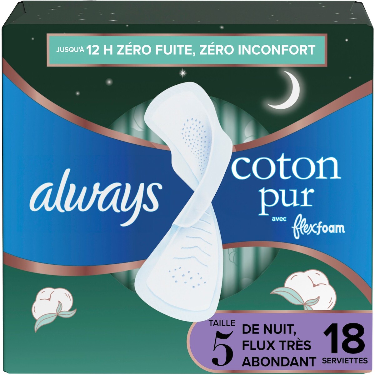 Serviettes Always Pure Cotton, avec ailes, pour femmes, taille 5, de nuit, flux très abondant, non parfumées