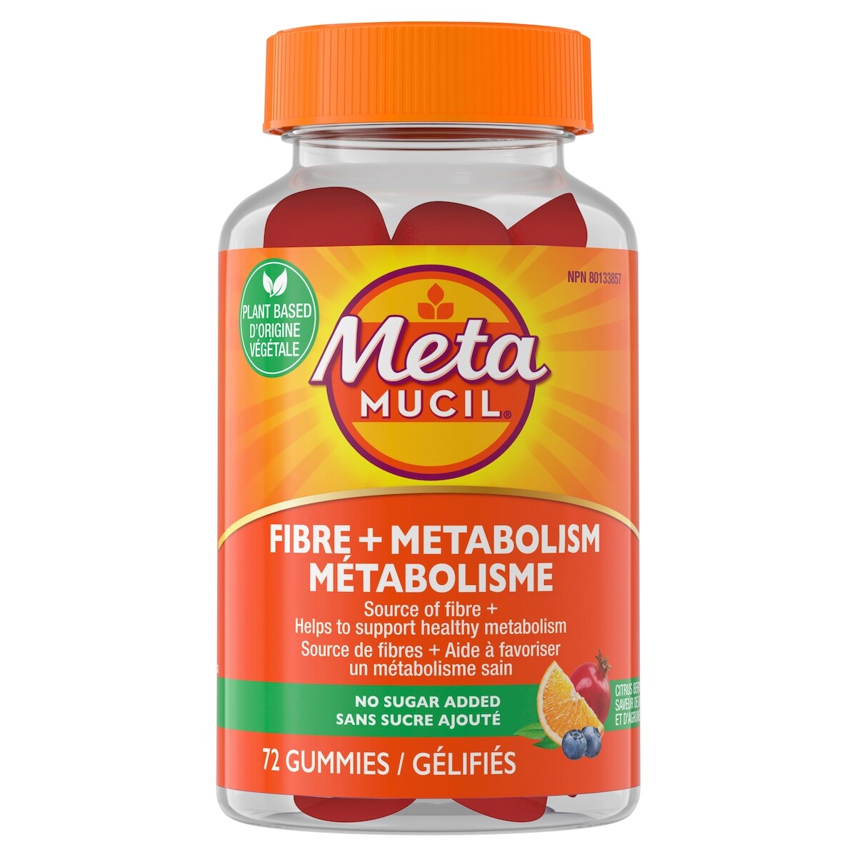 Supplément gélifié Fibre + métabolisme pour la santé digestive, origine végétale, sans sucre ajouté, saveur de baies et d’agrumes, 72 gélifiés
