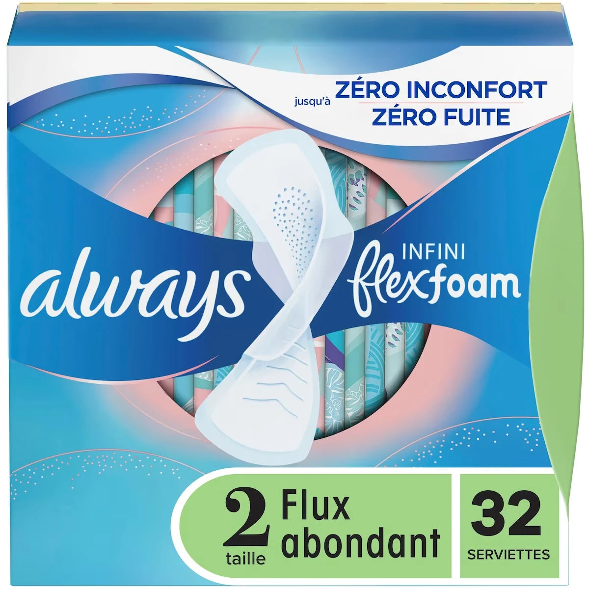 Serviettes féminines Infini pour femmes, serviettes avec ailes Flexfoam, taille&nbsp;2, degré d’absorption abondant, non parfumées, 32&nbsp;serviettes