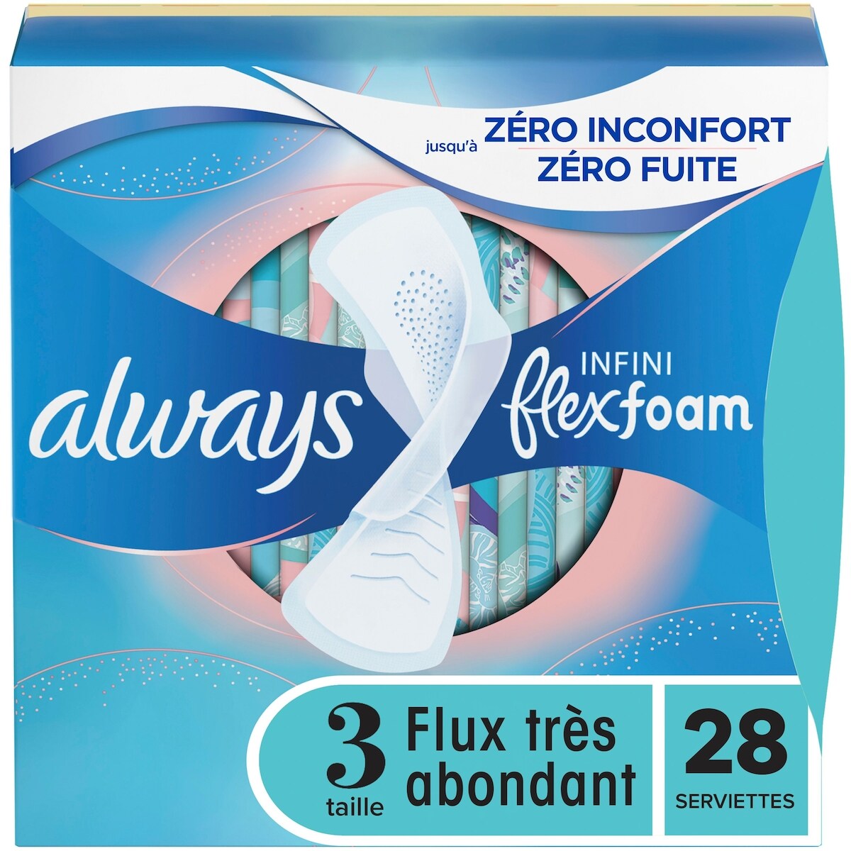 Serviettes féminines Infini pour femmes, serviettes avec ailes Flexfoam, taille&nbsp;3, degré d’absorption très abondant, non parfumées, 28&nbsp;serviettes