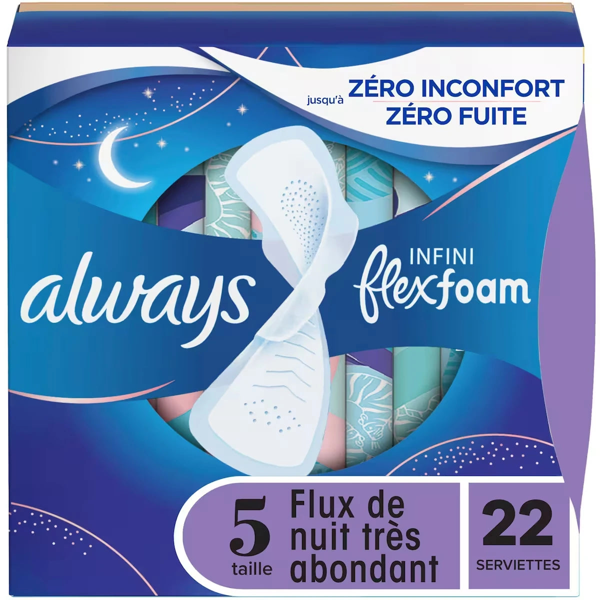 Serviettes féminines Infini pour femmes, serviettes avec ailes Flexfoam, taille&nbsp;5, degré d’absorption de nuit, flux très abondant, non parfumées, 22&nbsp;serviettes